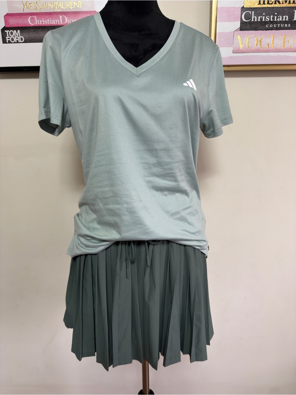 Light Sage V-Neck Athletic Adidas Top with Matching pleated skort
